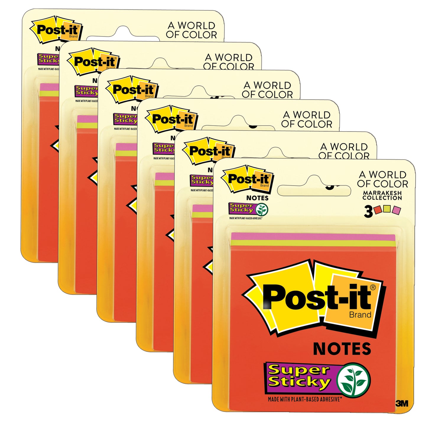 Super Sticky Notes, 3" x 3", Miami Collection, 3 Pads/Pack, 6 Packs