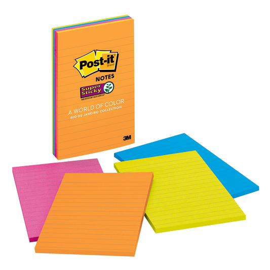 Super Sticky Notes, 4 x 6, Rio de Janeiro Collection, Lined, 4 Pads/Pack