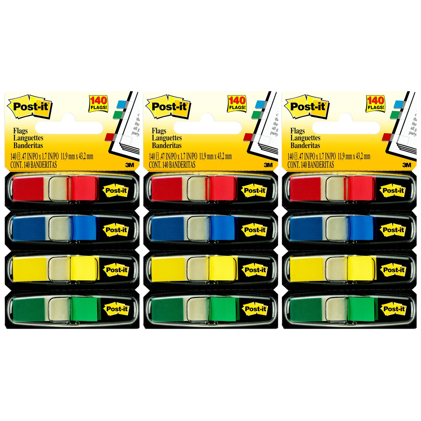 Flags, Assorted Primary Colors, .47 in. Wide, 35 Flags/Dispenser, 4 Dispensers/Pack, 3 Packs