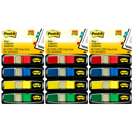 Flags, Assorted Primary Colors, .47 in. Wide, 35 Flags/Dispenser, 4 Dispensers/Pack, 3 Packs