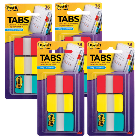 Tabs, 1" Solid, Red, Yellow, Blue, 66 Tabs & Dispenser Per Pack, 4 Packs