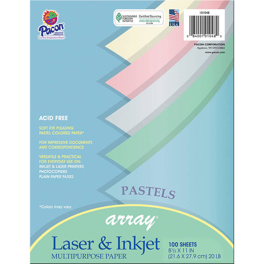 Multi-Purpose Paper, 20 lb., Assorted 5 Pastel Colors, 8-1/2" x 11", 100 Sheets Per Pack, 3 Packs