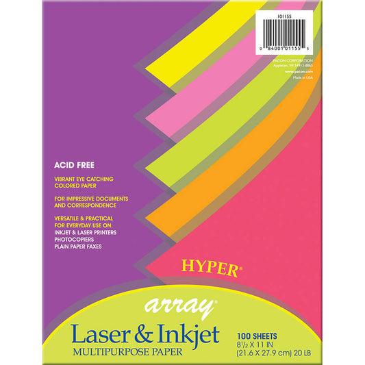 Multi-Purpose Paper, 20 lb., Assorted 5 Hyper Colors, 8-1/2" x 11", 100 Sheets Per Pack, 3 Packs