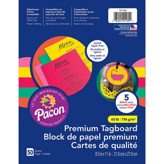 Premium Tagboard, 5 Assorted Bright Colors, 8-1/2" x 11", 50 Sheets