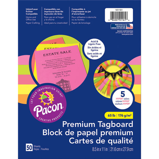 Tagboard, Hyper Assorted, 8.5" x 11", 50 Sheets Per Pack, 3 Packs