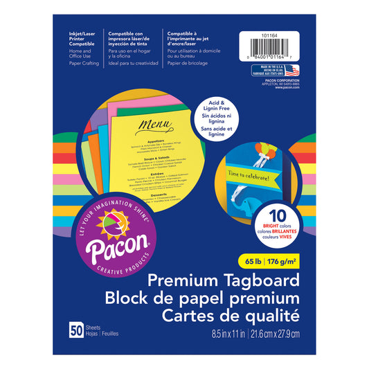 Premium Tagboard, 10 Assorted Bright Colors, 8-1/2" x 11", 50 Sheets