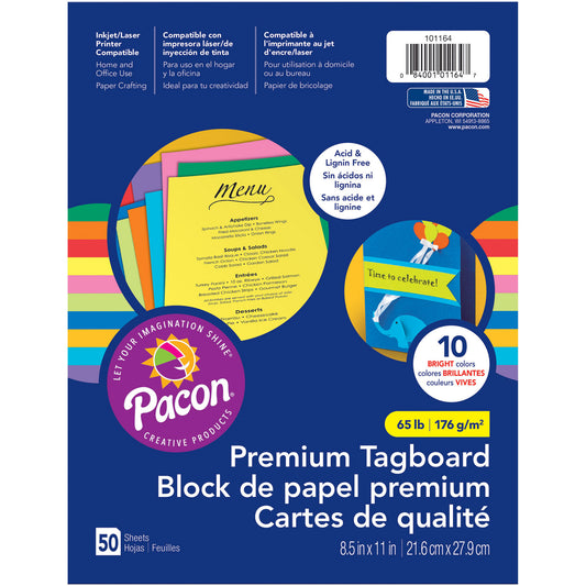 Tagboard, Brights Assorted, 8.5" x 11", 50 Sheets Per Pack, 5 Packs