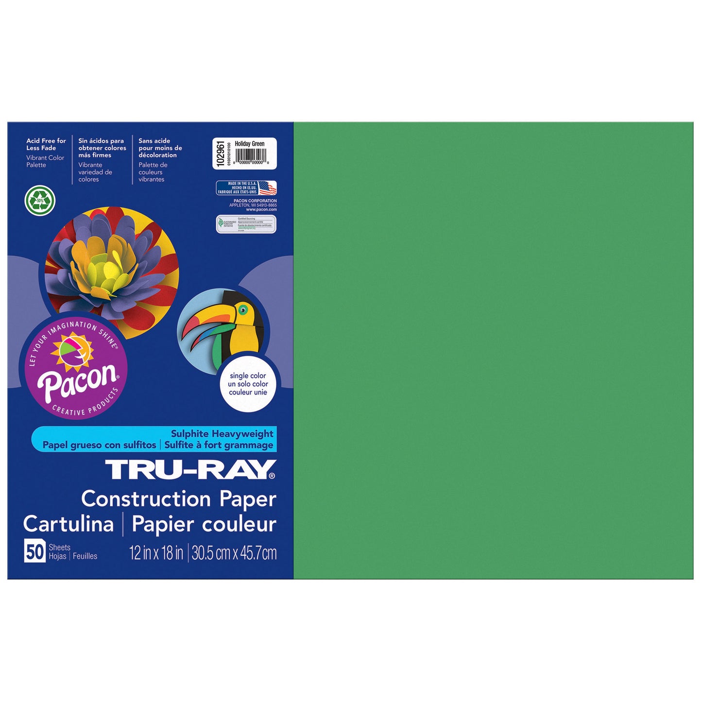 Construction Paper, Holiday Green, 12" x 18", 50 Sheets Per Pack, 5 Packs