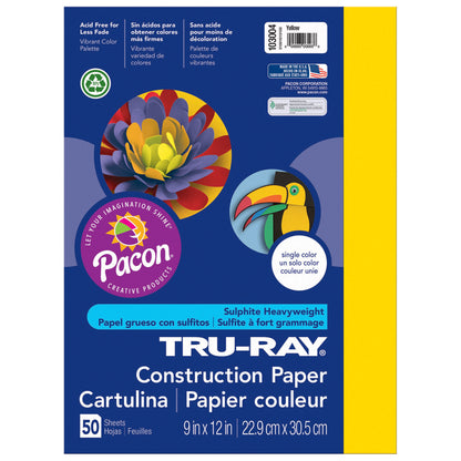 Construction Paper, Yellow, 9" x 12", 50 Sheets Per Pack, 10 Packs