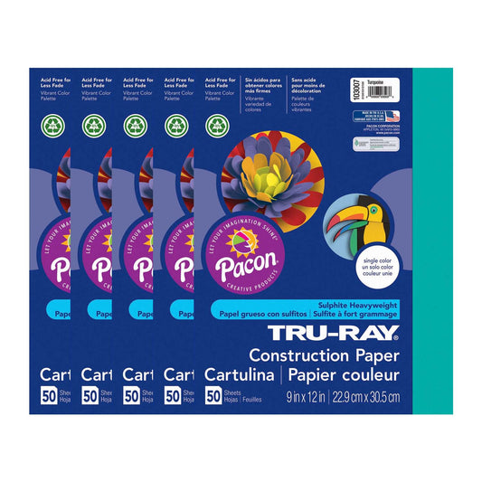 Construction Paper, Turquoise, 9" x 12", 50 Sheets Per Pack, 5 Packs