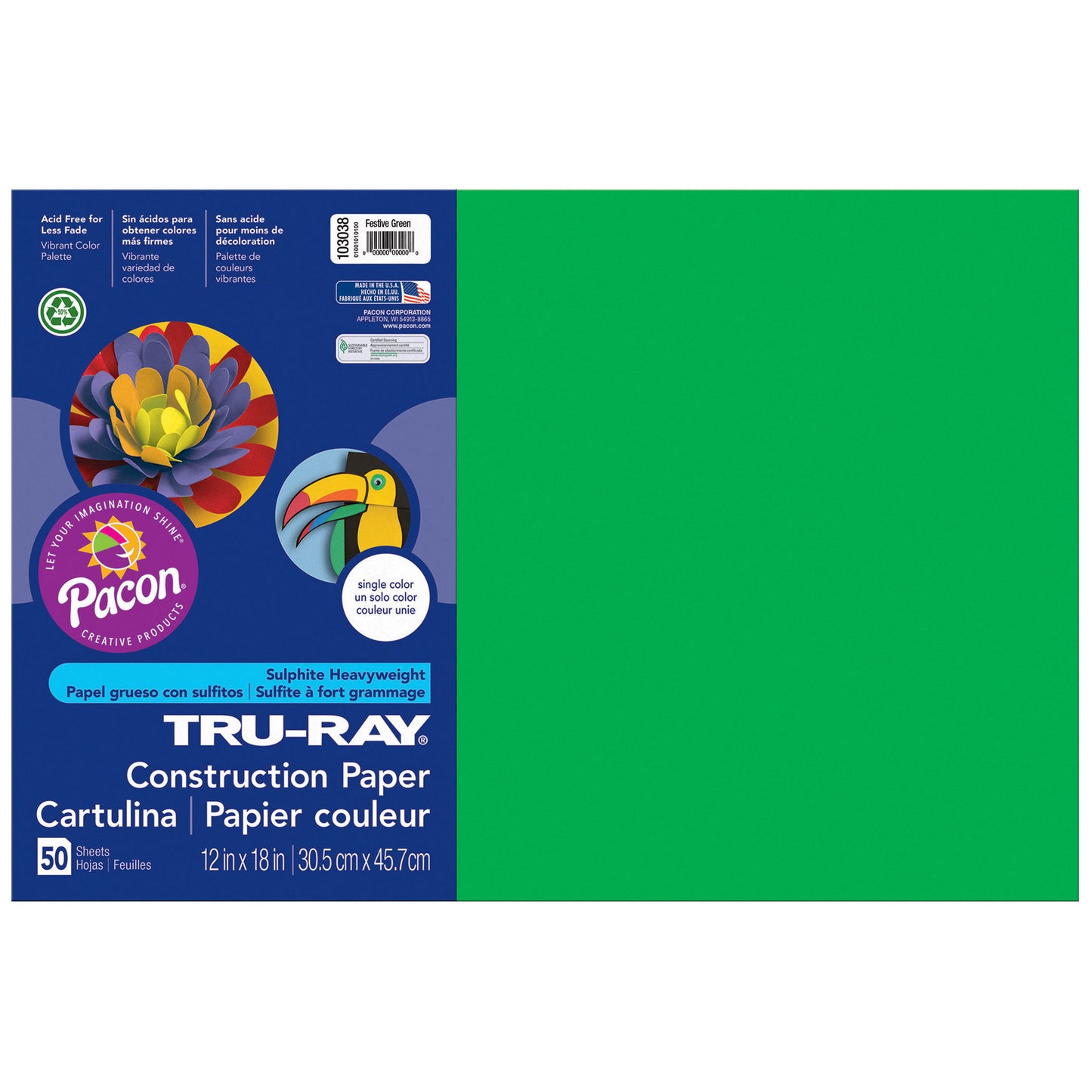 Construction Paper, Festive Green, 12" x 18", 50 Sheets