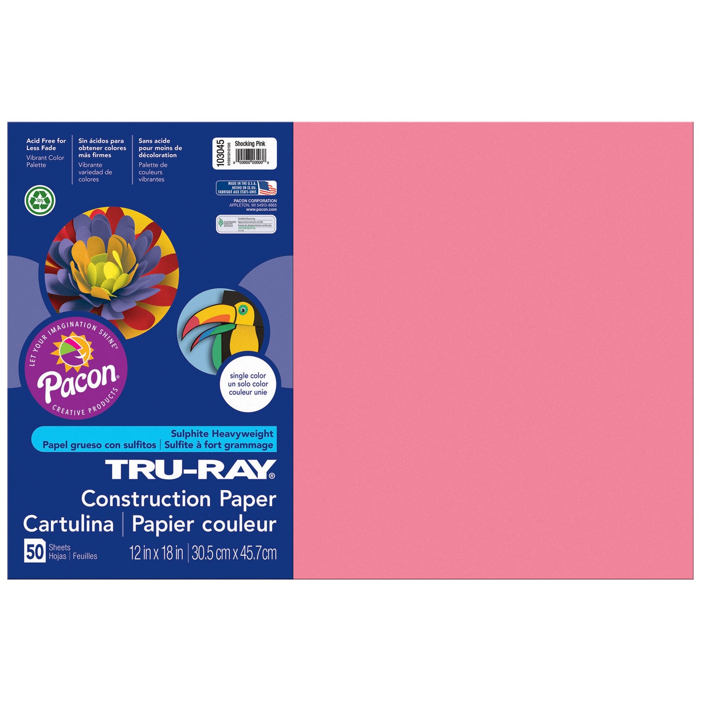 Construction Paper, Shocking Pink, 12" x 18", 50 Sheets Per Pack, 5 Packs