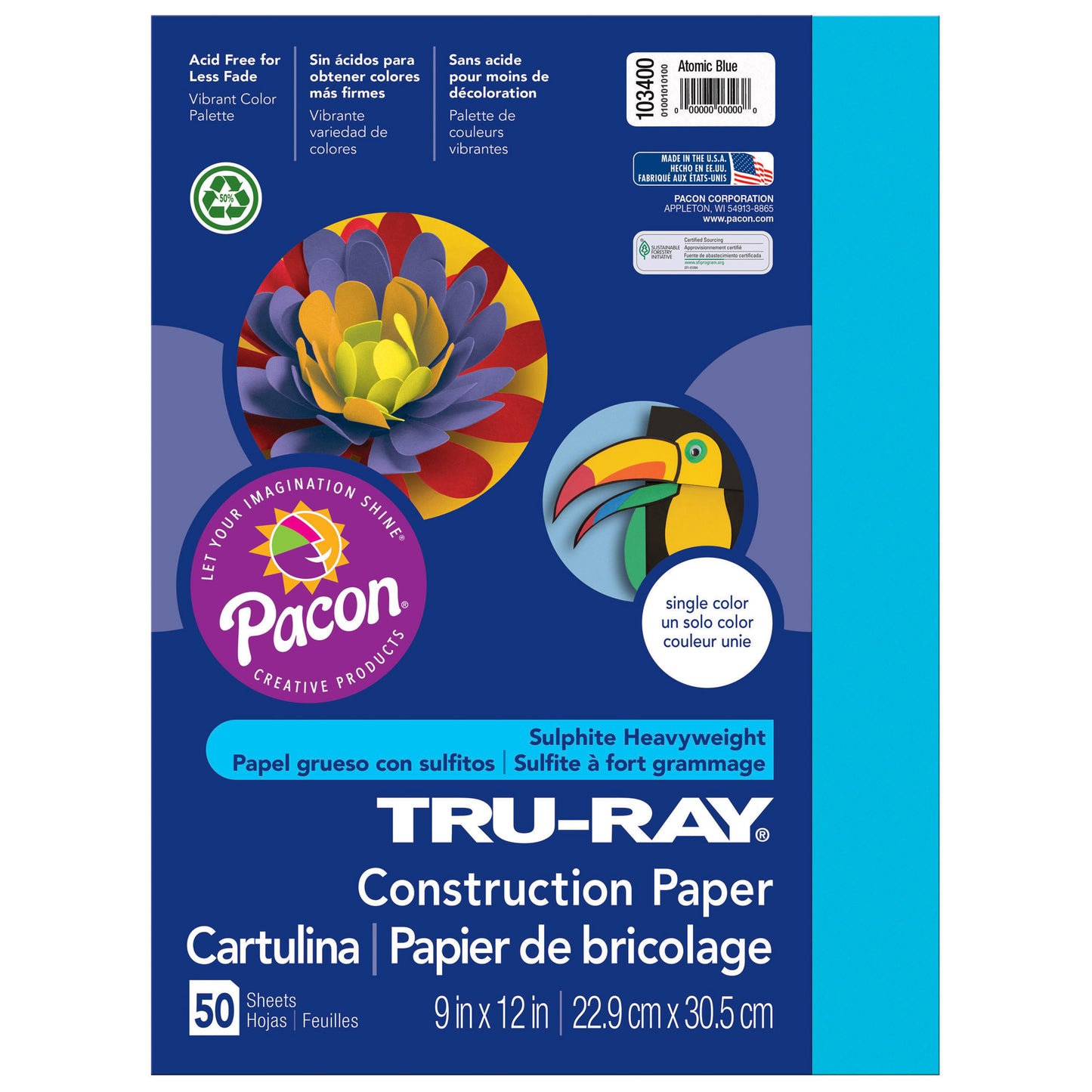 Construction Paper, Atomic Blue, 9" x 12", 50 Sheets Per Pack, 5 Packs