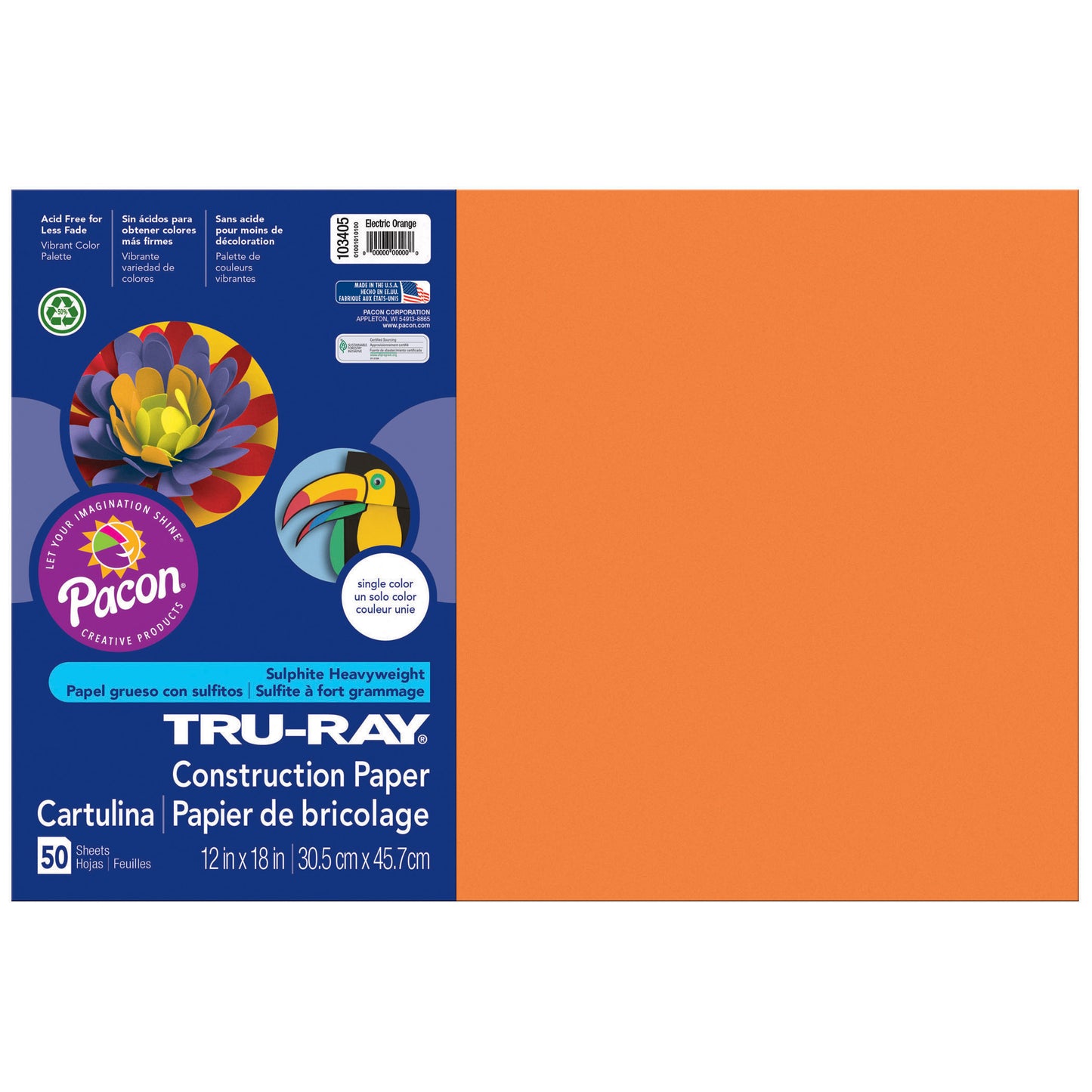 Construction Paper, Electric Orange, 12" x 18", 50 Sheets Per Pack, 3 Packs