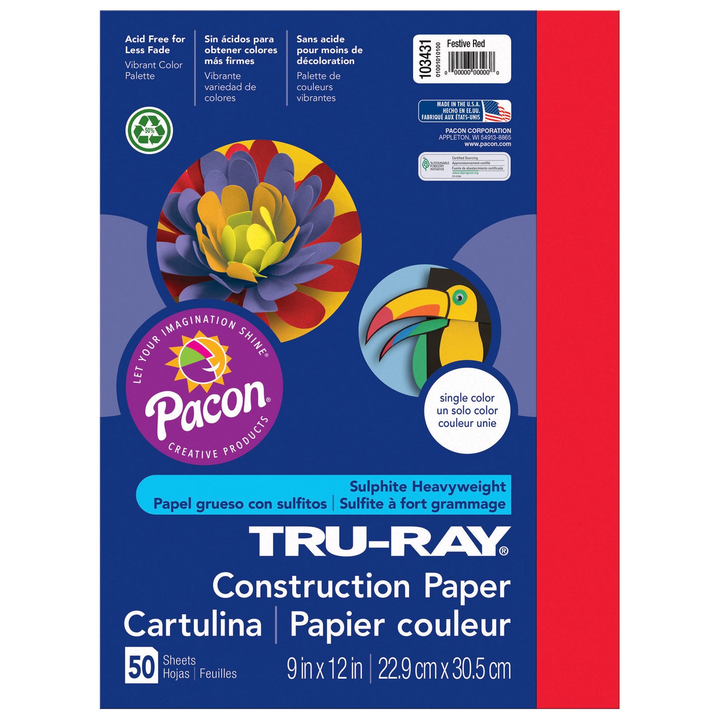 Construction Paper, Festive Red, 9" x 12", 50 Sheets