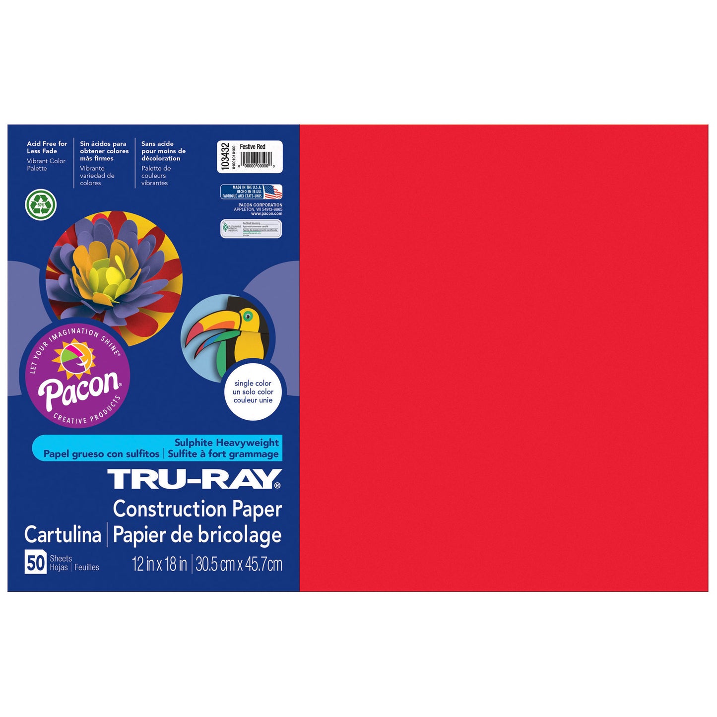 Construction Paper, Festive Red, 12" x 18", 50 Sheets