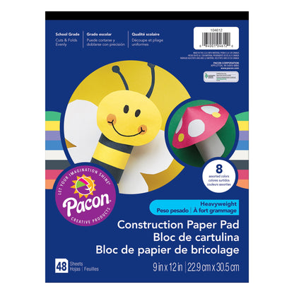 Heavyweight Construction Paper Pad, 8 Assorted Colors, 9" x 12", 48 Sheets Per Pack, 12 Packs