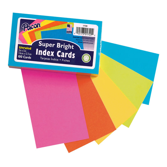 Index Cards, Super Bright Assorted 5 Colors, Unruled 3" x 5", 100 Per Pack, 6 Packs