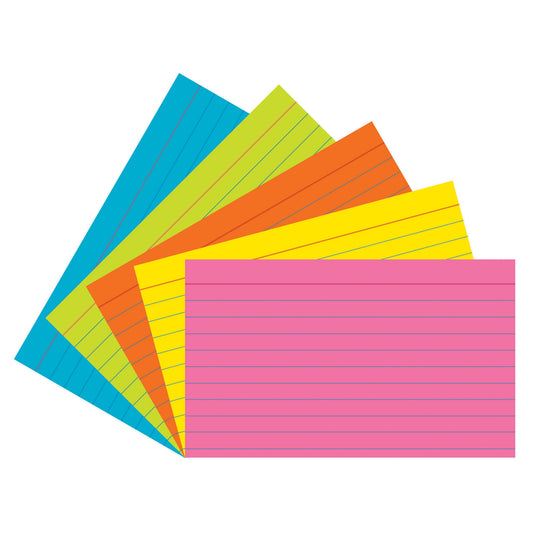 Index Cards, Super Bright Assorted 5 Colors, 1/4" Ruled 3" x 5", 75 Per Pack, 6 Packs