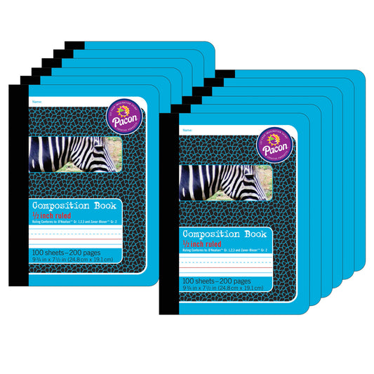 Primary Composition Book, 1/2" Ruled, Blue/Zebra, 9-3/4" x 7-1/2", 200 Pages, Pack of 12