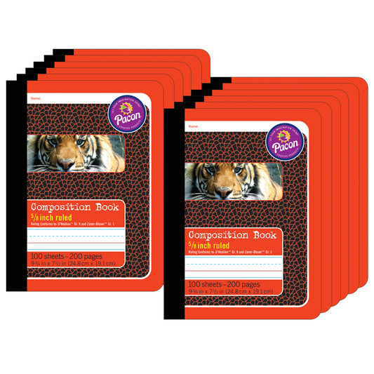 Primary Composition Book, 5/8" Ruled, Red/Tiger, 9-3/4" x 7-1/2", 200 Pages, Pack of 12