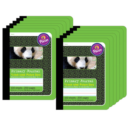 Primary Composition Book, 5/8" Ruled with Picture Story Space, Green/Panda, 9-3/4" x 7-1/2", 200 Pages, Pack of 12