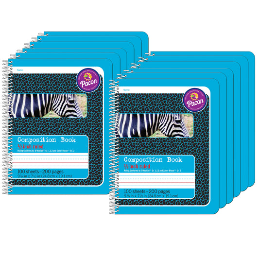 Primary Composition Book, 1/2" Ruled, Spiral Bound, Blue/Zebra, 9-3/4" x 7-1/2", 200 Pages, Pack of 12