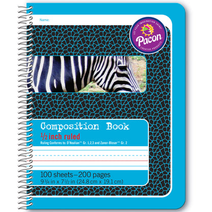 Primary Composition Book, 1/2" Ruled, Spiral Bound, Blue/Zebra, 9-3/4" x 7-1/2", 200 Pages, Pack of 12