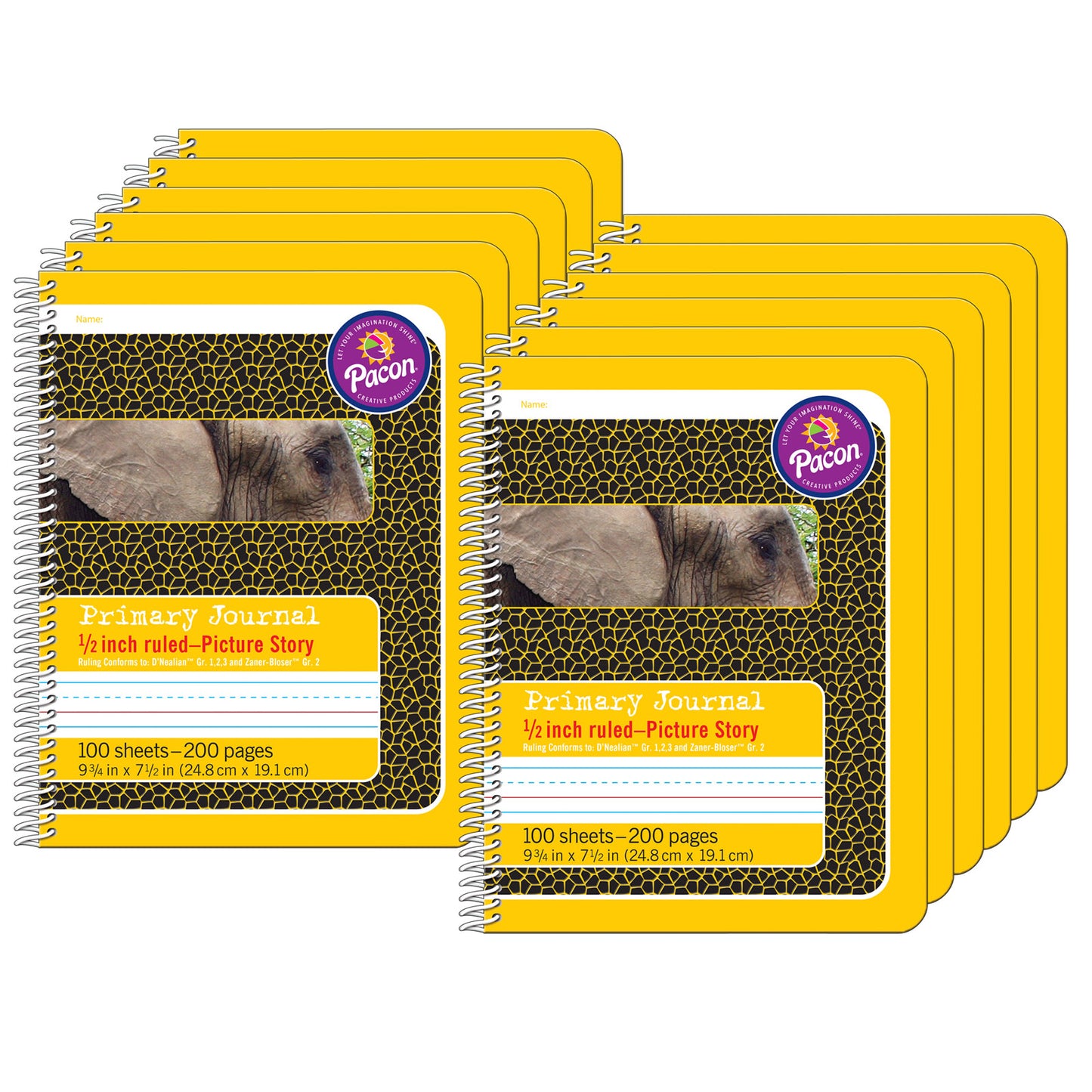 Primary Composition Book, 1/2" Ruled with Picture Story Space, Spiral Bound, Yellow/Elephant, 9-3/4" x 7-1/2", 200 Pages, Pack of 12