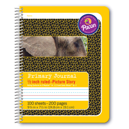 Primary Composition Book, 1/2" Ruled with Picture Story Space, Spiral Bound, Yellow/Elephant, 9-3/4" x 7-1/2", 200 Pages, Pack of 12