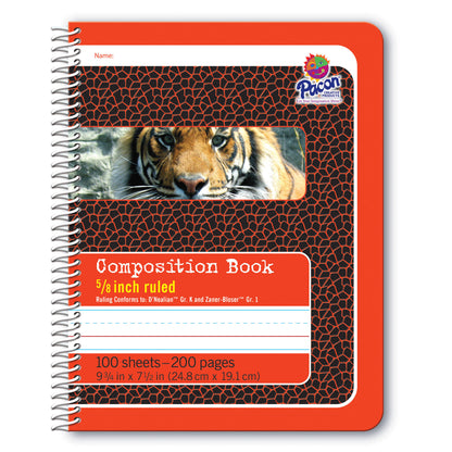 Primary Composition Book, 5/8" Ruled, Spiral Bound, Red/Tiger, 9-3/4" x 7-1/2", 200 Pages, Pack of 12