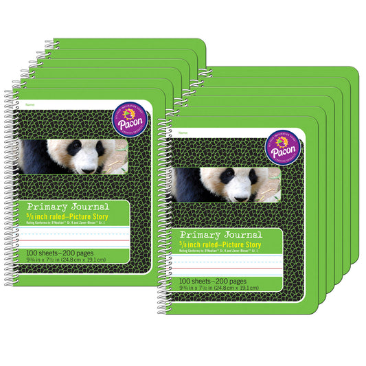 Primary Composition Book, 5/8" Ruled with Picture Story Space, Spiral Bound, Green/Panda, 9-3/4" x 7-1/2", 200 Pages, Pack of 12