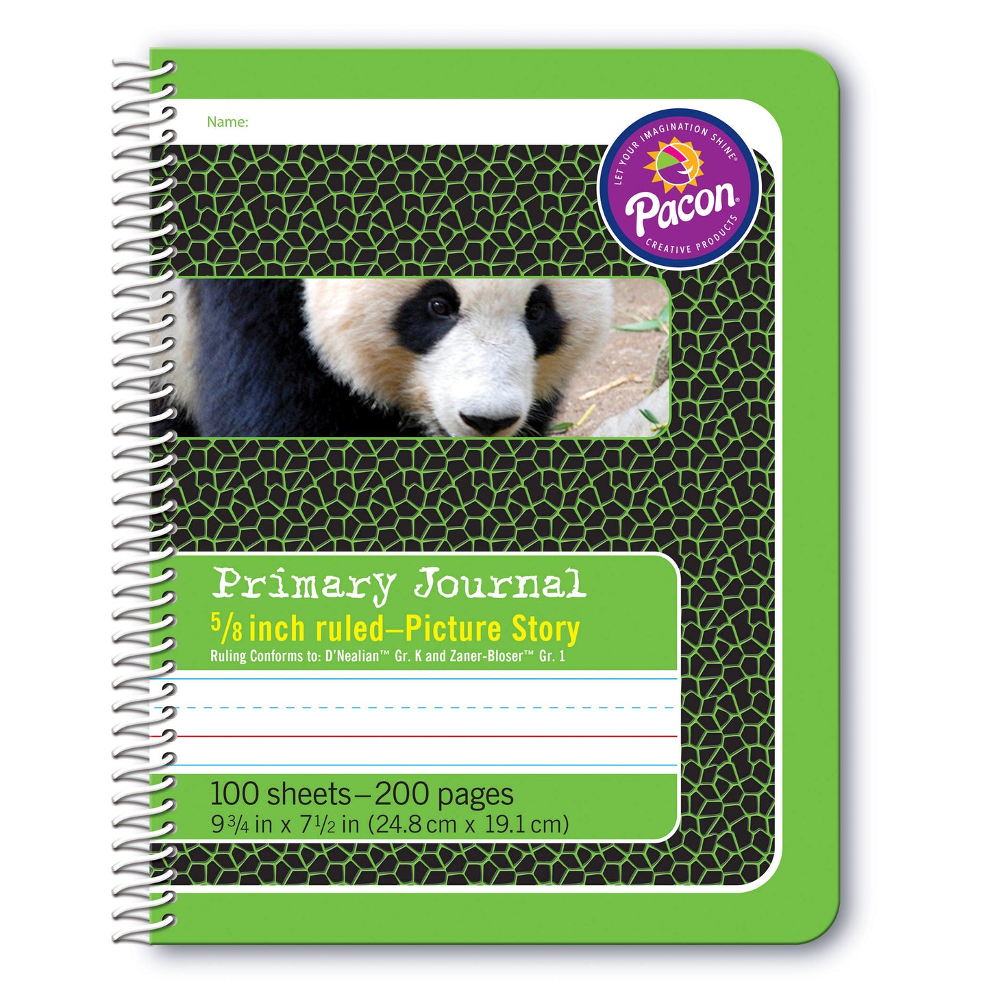 Primary Composition Book, 5/8" Ruled with Picture Story Space, Spiral Bound, Green/Panda, 9-3/4" x 7-1/2", 200 Pages, Pack of 12