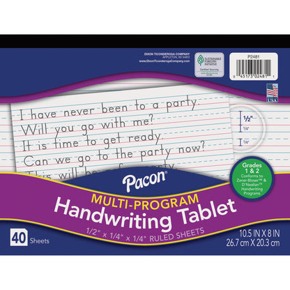 Multi-Program Handwriting Tablet, D'Nealian/Zaner-Bloser, 1/2" x 1/4" x 1/4" Ruled Long, 10-1/2" x 8", 40 Sheets, Pack of 12