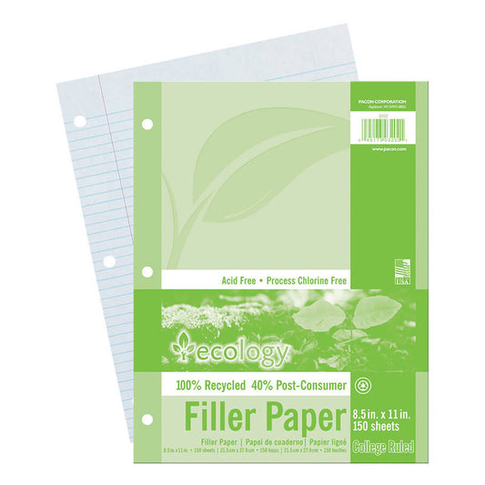 Recycled Filler Paper, White, 3-Hole Punched, 9/32" Ruled w/ Margin 8-1/2" x 11", 150 Sheets