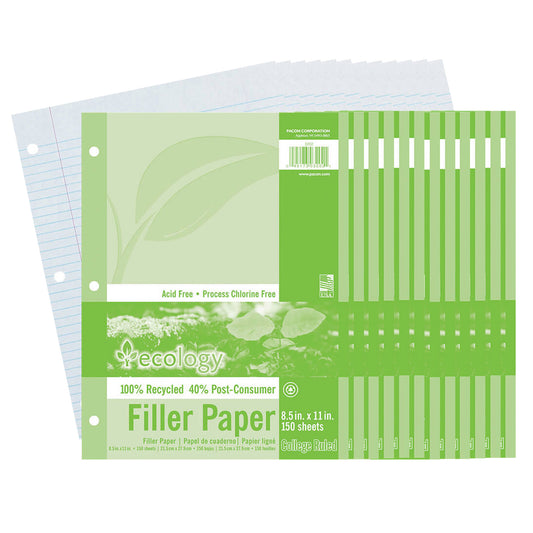 Recycled Filler Paper, White, 3-Hole Punched, 9/32" Ruled w/ Margin 8-1/2" x 11", 150 Sheets Per Pack, 12 Packs