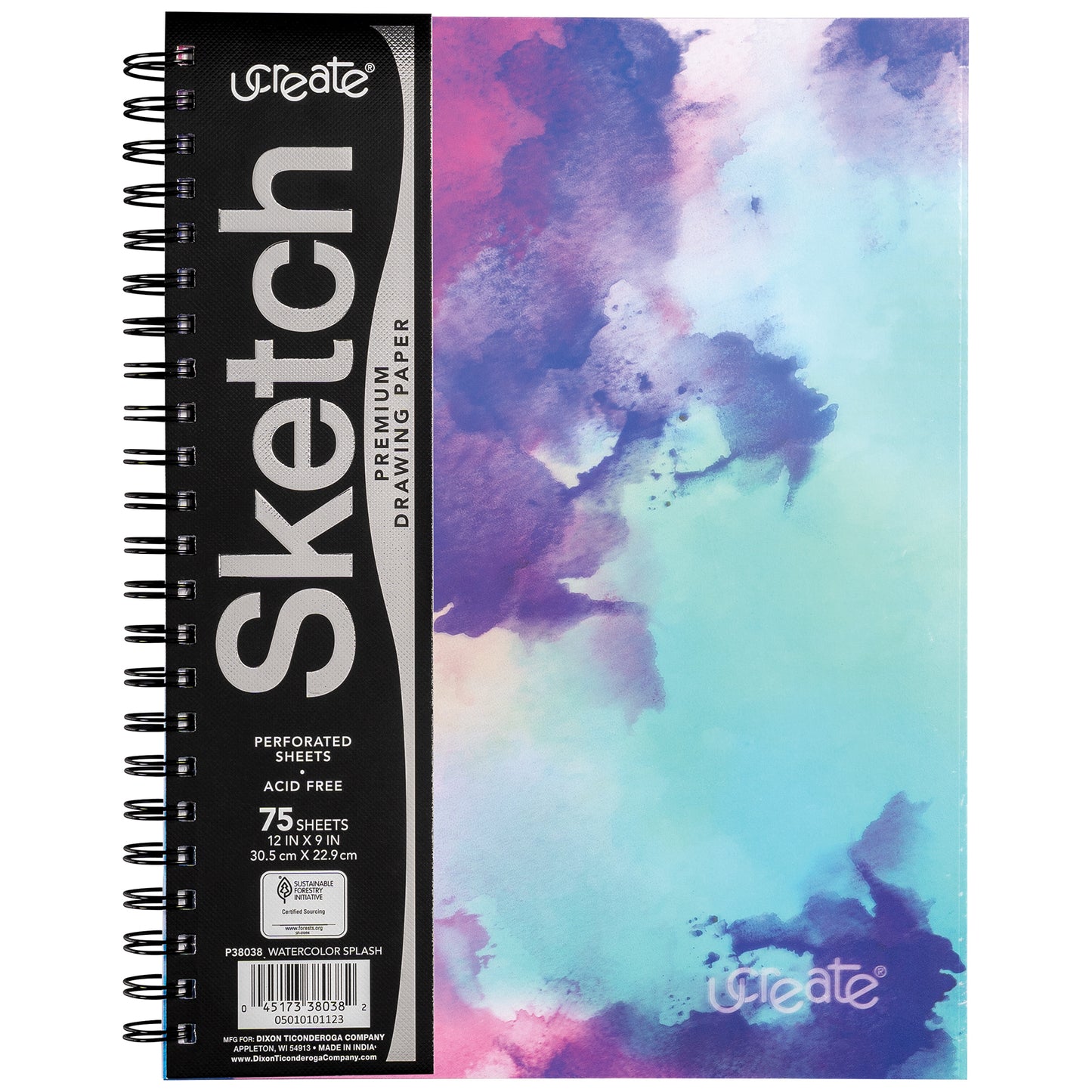 Fashion Poly Sketch Book, Watercolor Splash, Unruled, 12" x 9", Pack of 3