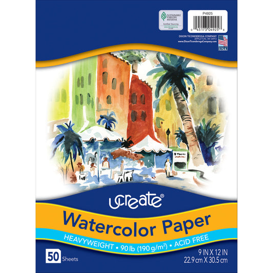 Watercolor Paper, White, 90lb., 9" x 12", 50 Sheets