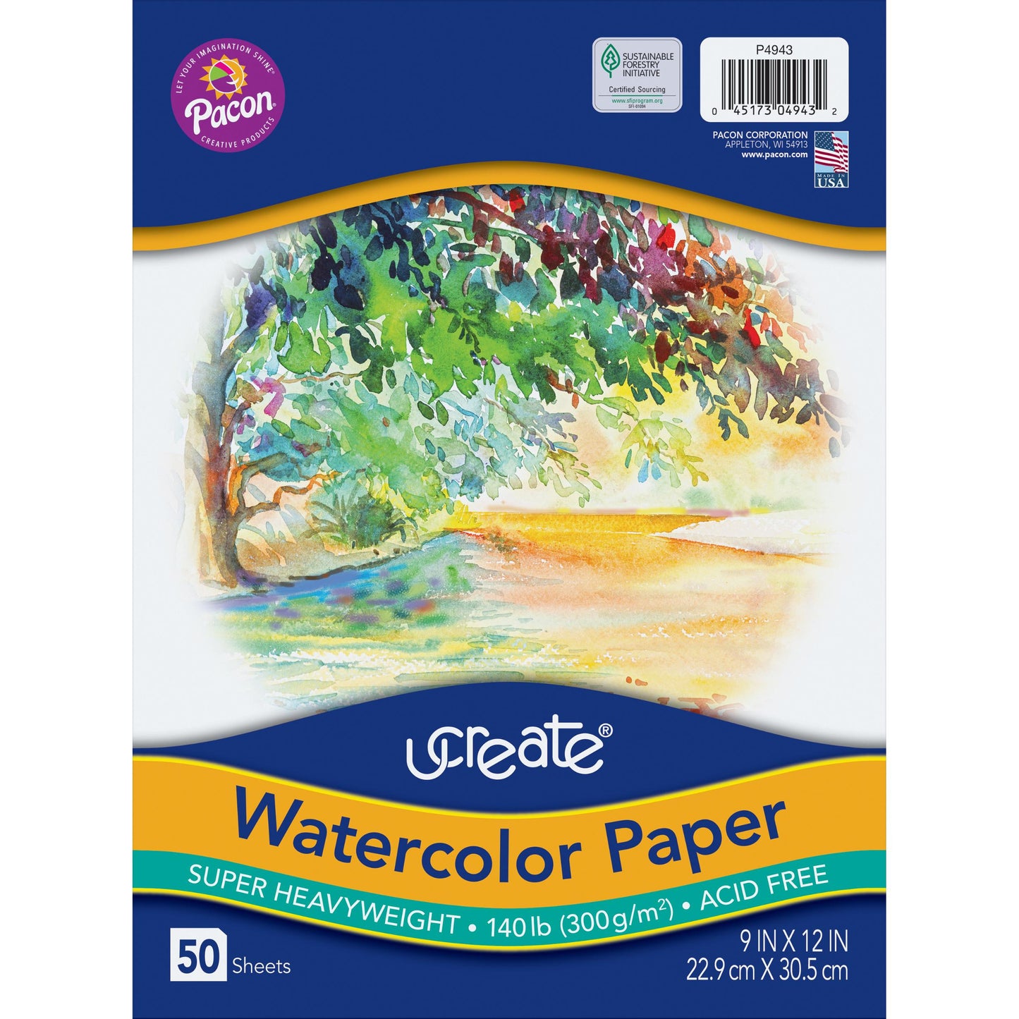 Watercolor Paper, White, Package, 140 lb., 9" x 12", 50 Sheets