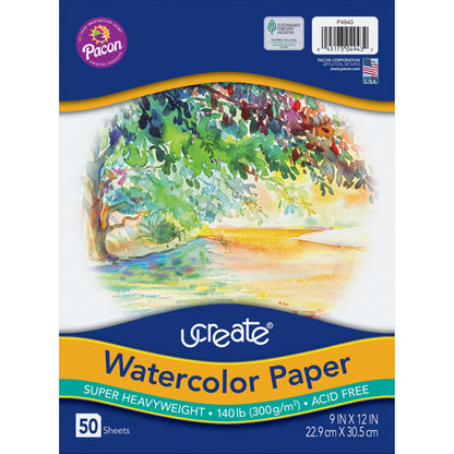 Watercolor Paper, White, Package, 140 lb., 9" x 12", 50 Sheets