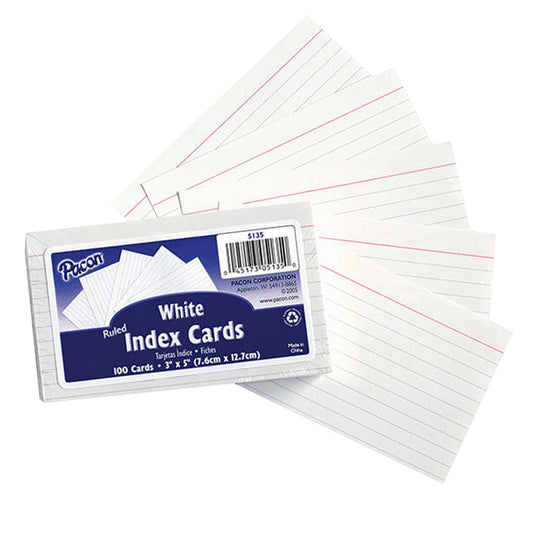 Index Cards, White, Ruled, 1/4" Ruled 3" x 5", 100 Cards