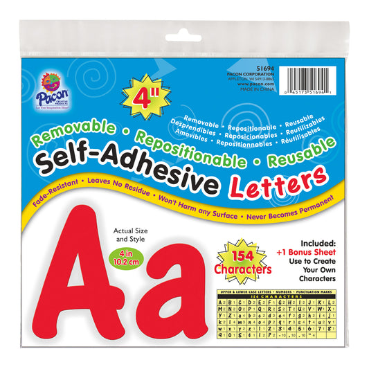 Self-Adhesive Letters, Red, Cheery Font, 4", 154 Characters