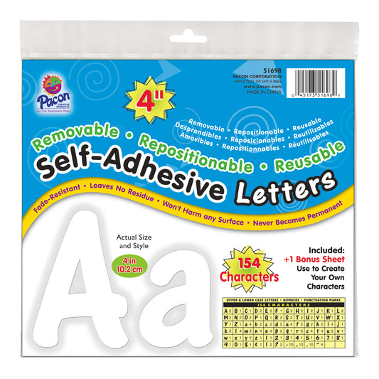 Self-Adhesive Letters, White, Cheery Font, 4", 154 Characters