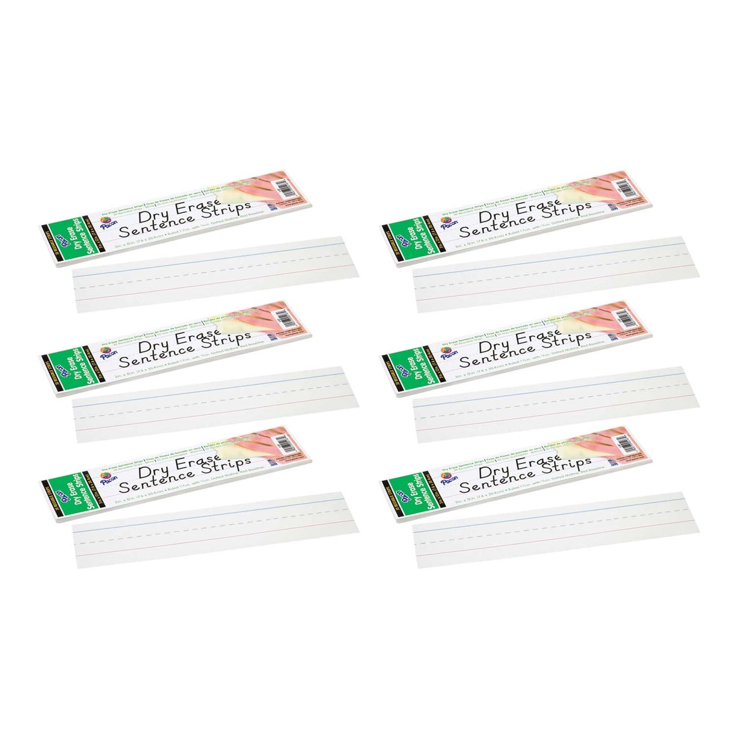 Dry Erase Sentence Strips, White, 1-1/2" X 3/4" Ruled, 3" x 12", 30 Per Pack, 6 Packs