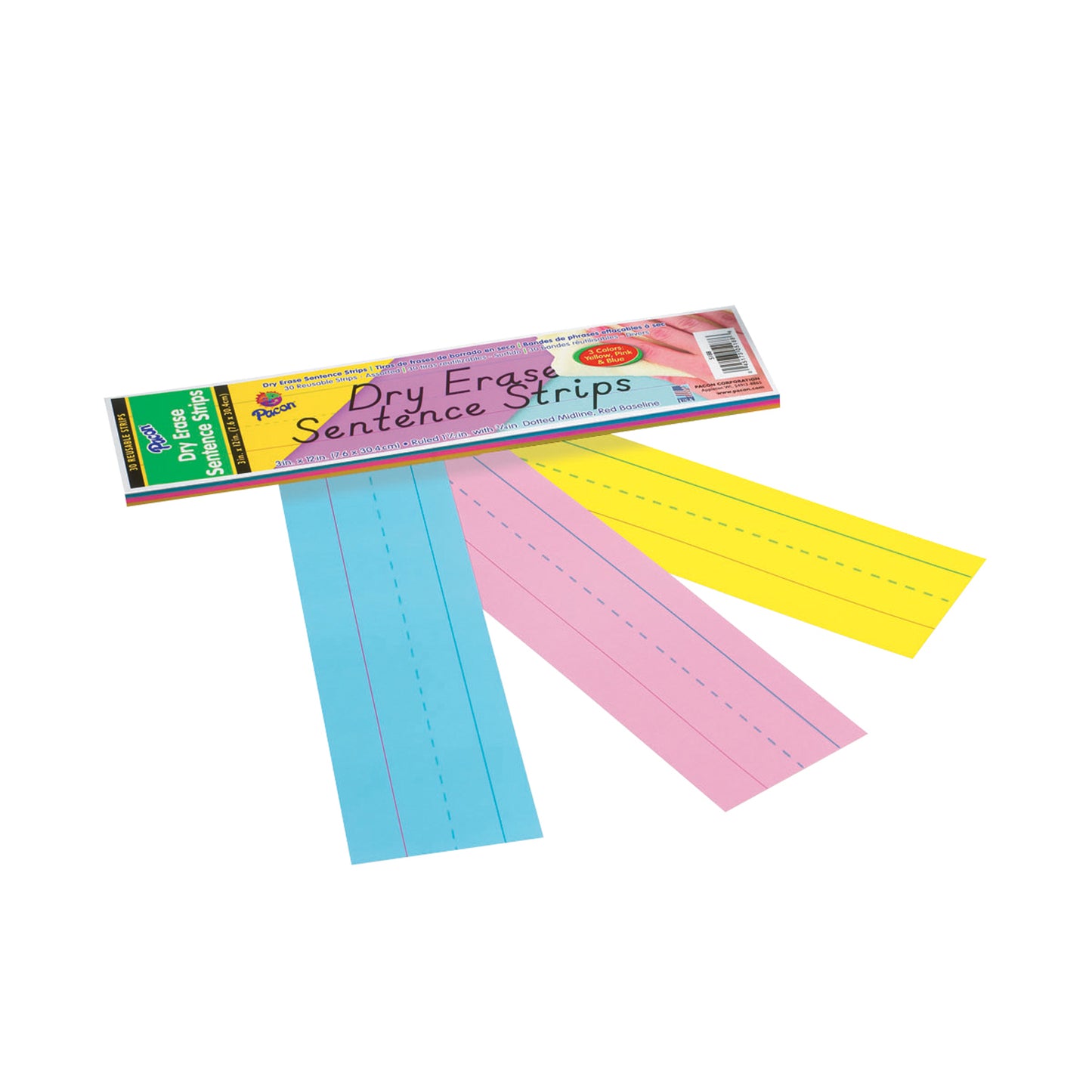 Dry Erase Sentence Strips, 3 Assorted Colors, 1-1/2" X 3/4" Ruled, 3" x 12", 30 Per Pack, 6 Packs