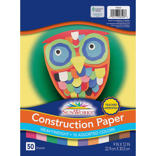 Construction Paper, 10 Assorted Colors, 9" x 12", 50 Sheets