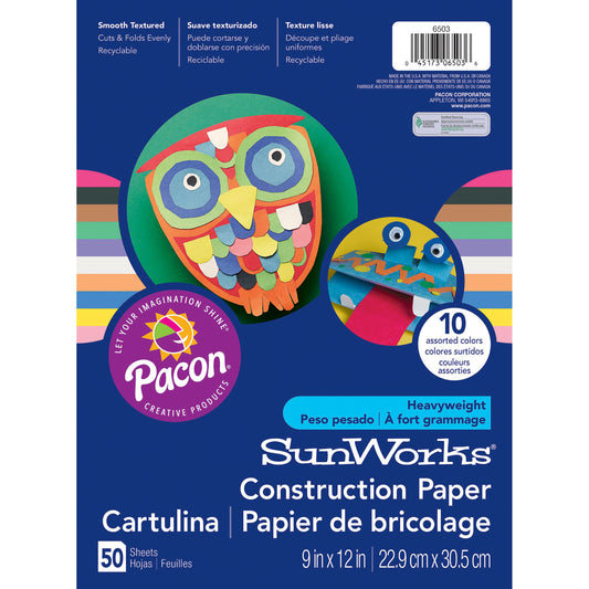 Construction Paper, 10 Assorted Colors, 9" x 12", 50 Sheets Per Pack, 10 Packs