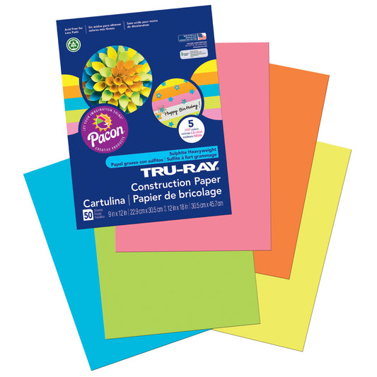 Construction Paper, 5 Assorted Hot Colors, 9" x 12", 50 Sheets