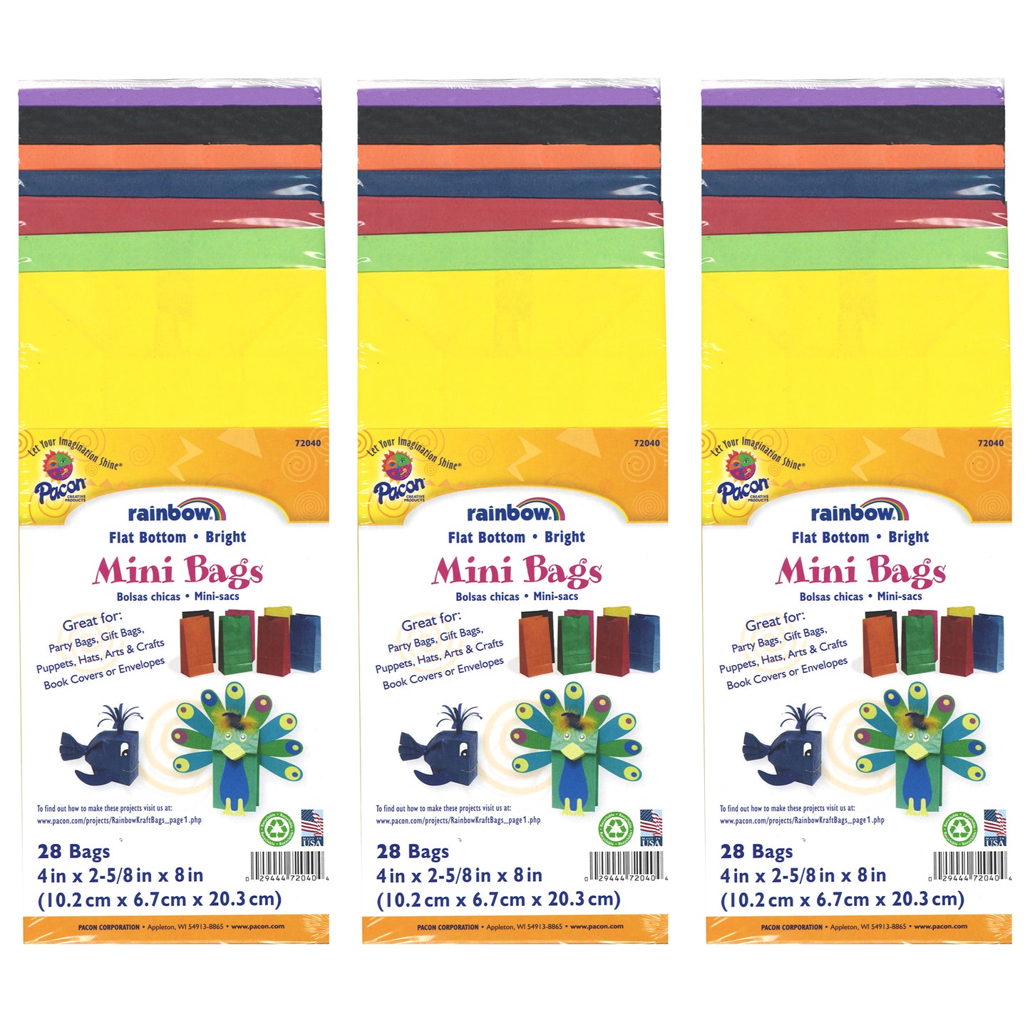 Mini Kraft Bag, Assorted Bright Colors, 4-1/8" x 2-5/8" x 8", 28 Per Pack, 3 Packs