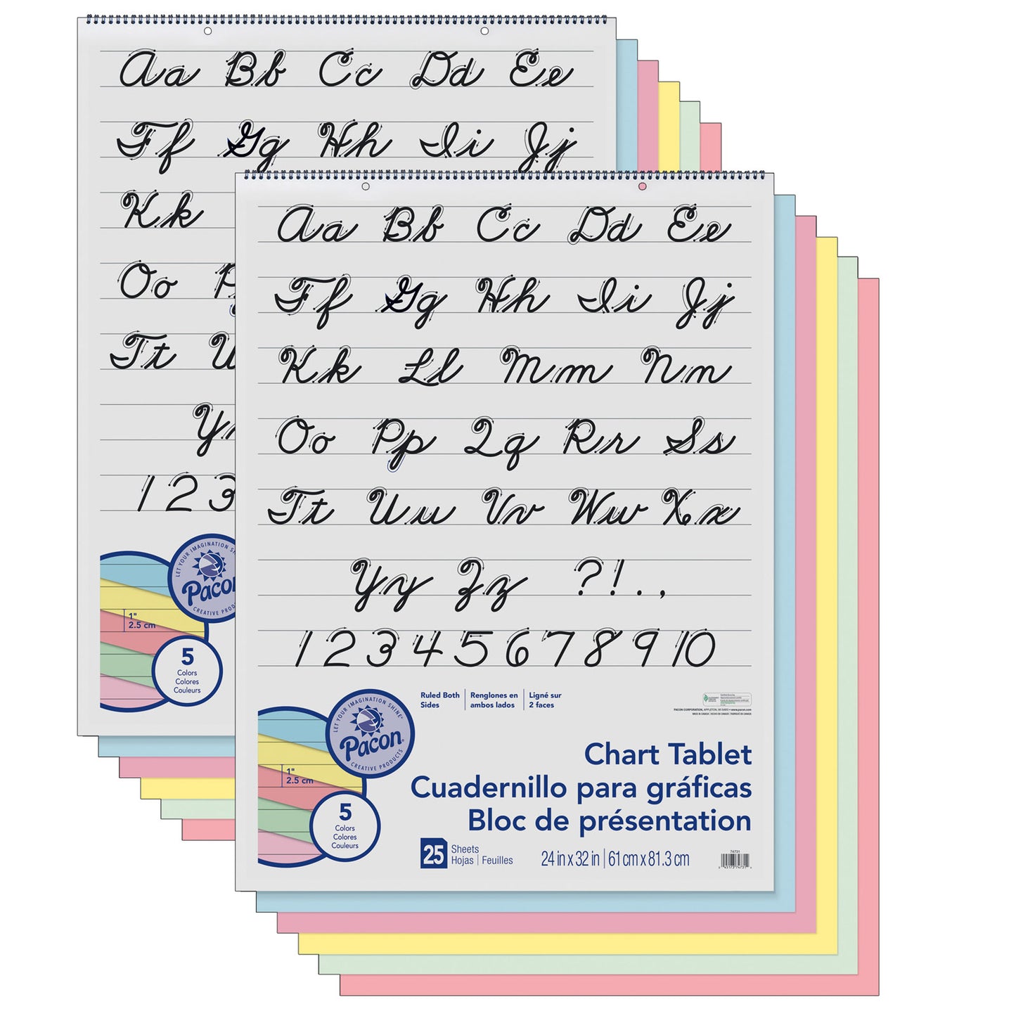 Colored Paper Chart Tablet, Cursive Cover, 5 Assorted Colors, 1" Ruled, 24" x 32", 25 Sheets, Pack of 2